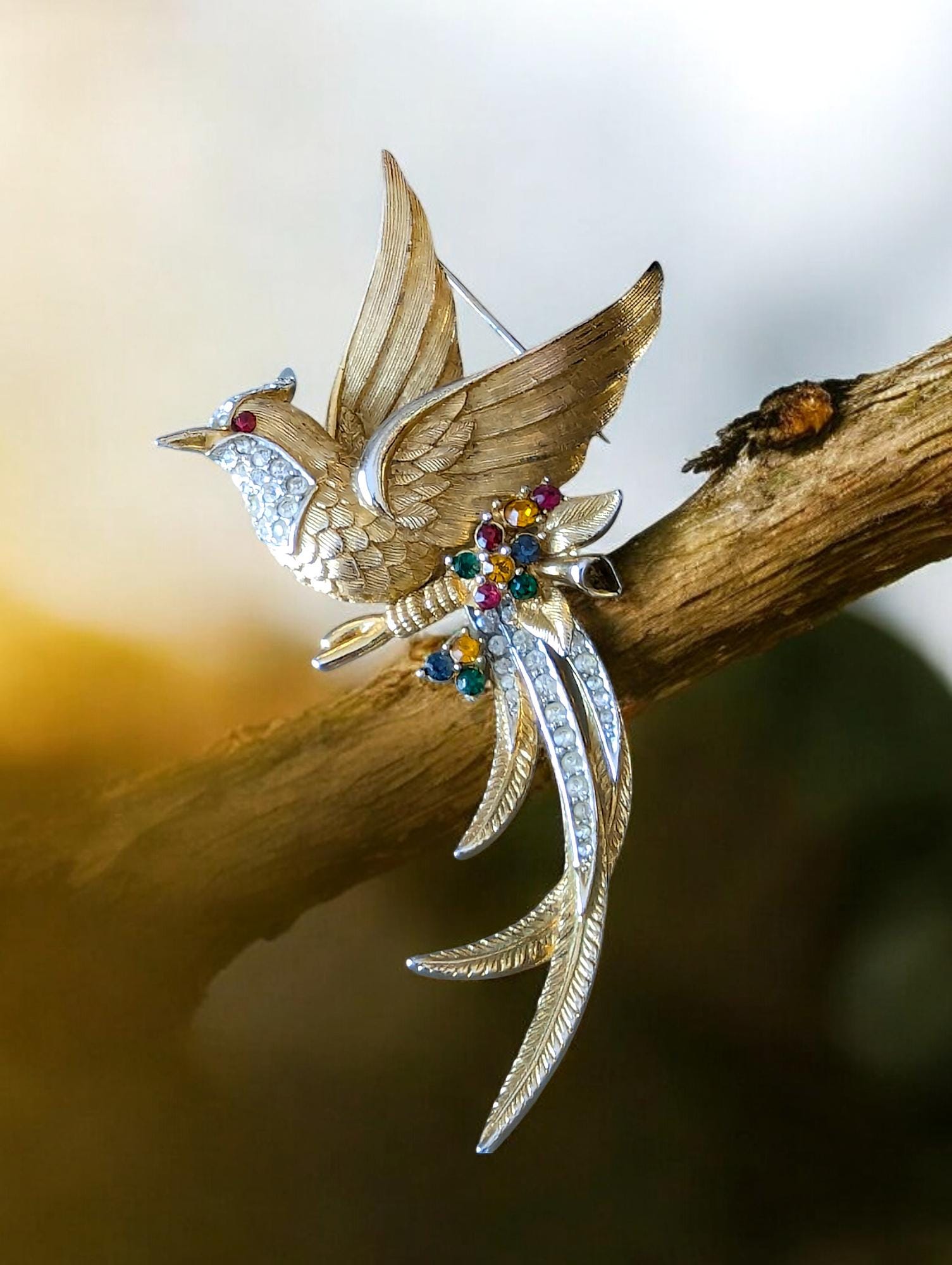 Marcel Boucher Bird of Paradise Brooch: Gold Plated Rhinestone