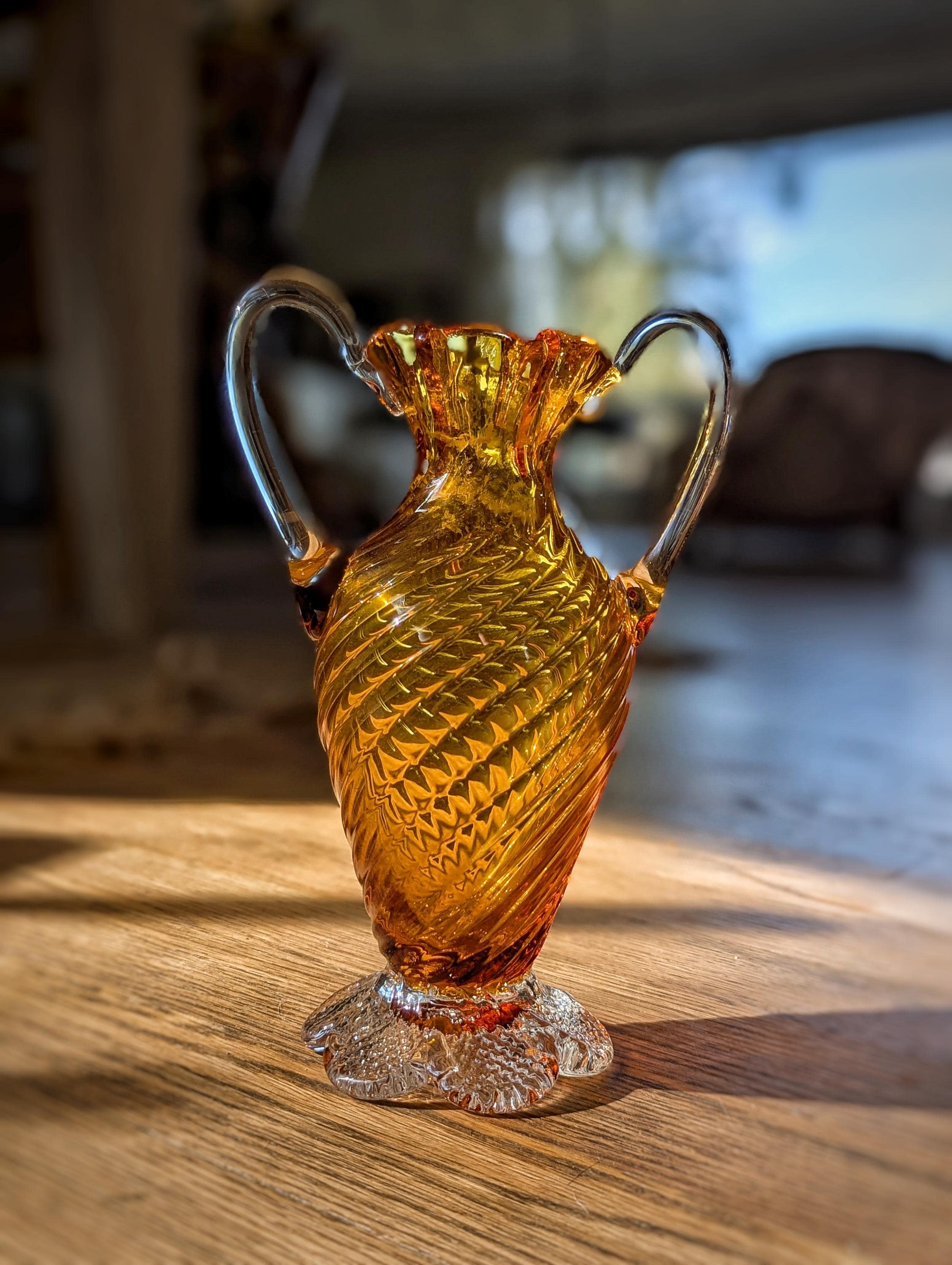 Vintage Amber Blown Glass Vase With Clear Applied Handles and Base