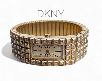 DKNY Pave Crystal Expansion Watch | Matte Gold Stainless Steel Band NY-3652 | 5 Row Sparkle Statement Watch | 64g Vintage Glamour