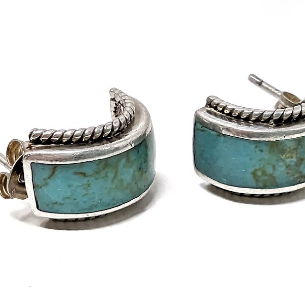 Vintage Signed CFJ 925 Sterling Rope Edge & Inlaid Faux Turquoise, Small Half Circle Stud Post Pierced Earrings