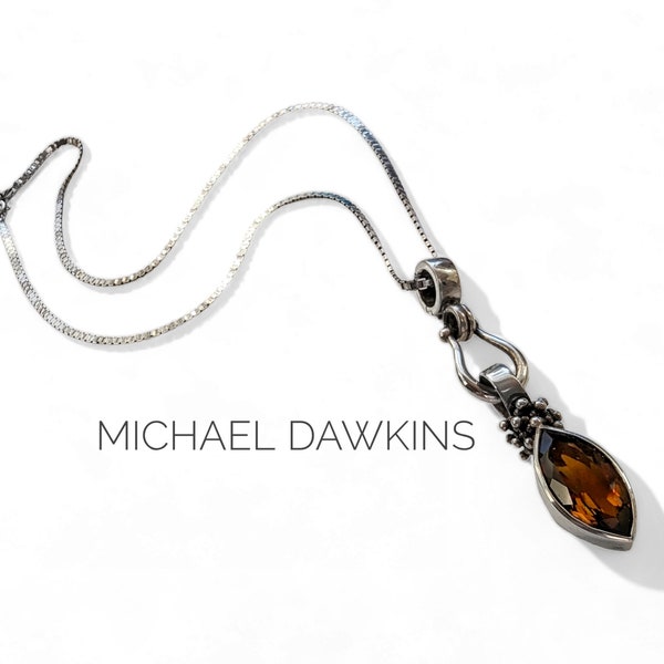 VTG Signed MICHAEL DAWKINS 925 Sterling Silver Faceted Smokey Topaz Quartz Gemstone Pendant/Enhancer with 18" 925 Flat Box Chain