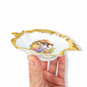 Vintage LIMOGES France Mini Leaf Trinket Dish  - Gold Trimmed Fine Bone China Ring Dish - Courting Couple - Collectible Porcelain