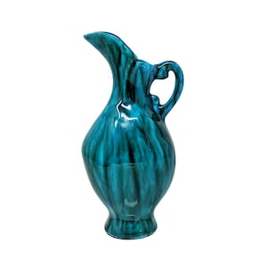 Vintage Maple Leaf Pottery Pitcher: Turquoise Green Flow Glaze, Mid-Century Vase
