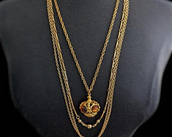 Attributed Goldette Victorian Revival Necklace | 4-Strand Topaz Glass Crown Pendant | 30" Layered Mixed Chain | 84g 1960s Parure