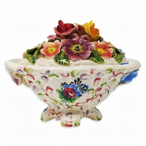 VTG Italian Renaissance Revival Faïence Nove Rose Floral Footed Oval Trinket Box - Lidded Majolica Dish - Capidimonte
