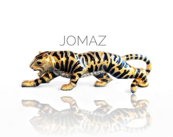 Rare Massive JOMAZ Joseph Mazer Black Enamel Pave Crystal Crouching Tiger Brooch - MCM Collectible Wild Big Cat Figural Pin