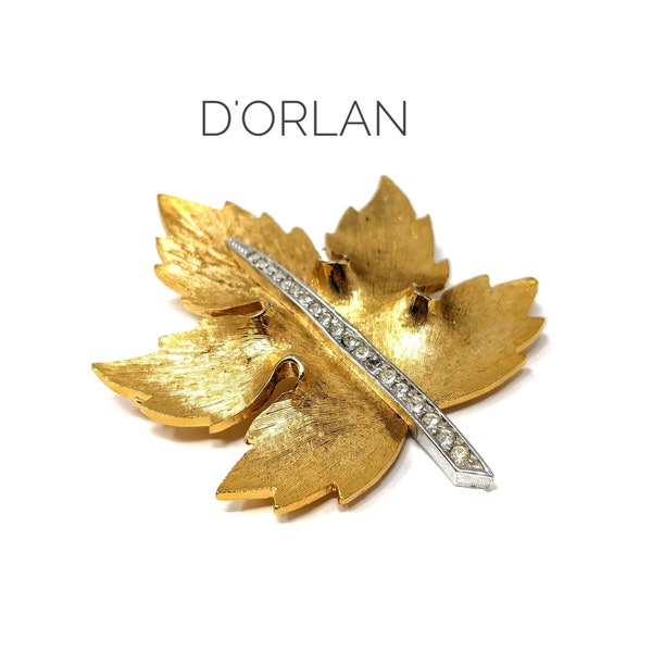 D'ORLAN Triple-Plated 22K Gold  Maple Leaf Brooch w/ Pave Swarovski Crystals - New Old Stock - Collectible Mid Century Costume Jewelry