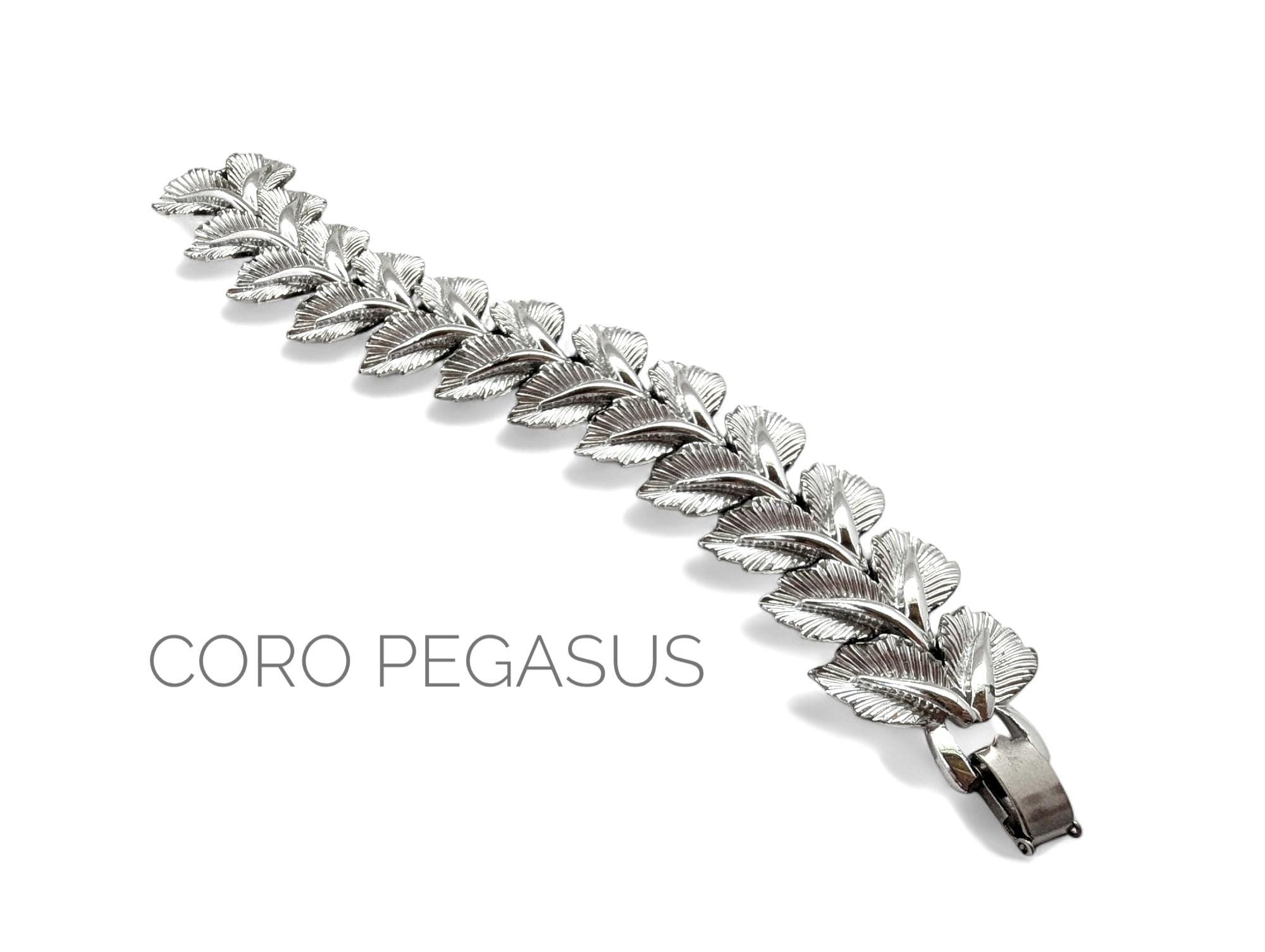 Vintage CORO Pegasus Bracelet: Silver Tone Leaf Link, Mid-century