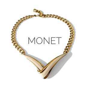 Retro 80s MONET 22K Triple Gold Plated Curb Chain and V-Shaped Cream Enamel Pendant Statement Necklace - Modern Minimalist Style