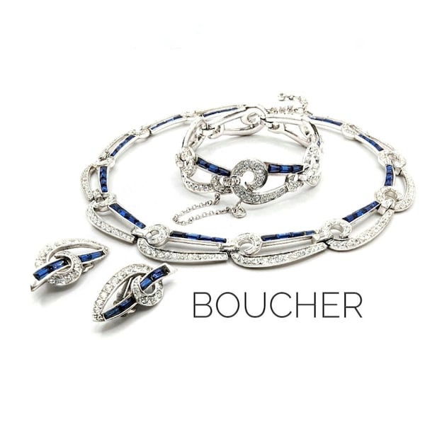 RARE 50s BOUCHER Sapphire Blue Baguette & Pave Rhinestone Parure Set - Necklace/Earrings/Bracelet -  Rhodium Plated - Attention Collectors!