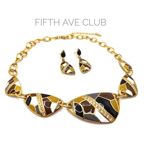 Fifth Avenue Collection Butler Signed Modernist Enamel Mosaic with Rhinestone Jewelry Set