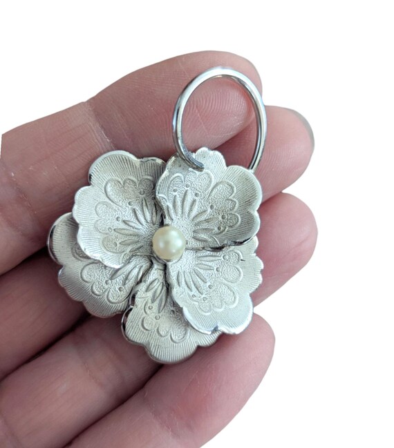 Bond Boyd Sterling Silver Flower Brooch: Faux Pearl, Satin Finish