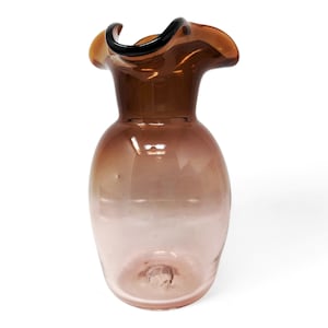 Middeleeuwse moderne bruin/roze ombre handgeblazen glazen vaas met ruche bovenkant - MCM Collectible Art Glass Home Decor