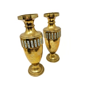 Hollywood Regency Style Pair VTG Solid Brass Candle Holders/Vases 8&quot; - Embossed Design - MCM Vintage Brass Decor