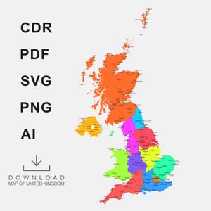Kaart van het Verenigd Koninkrijk Vector, regio's van het Verenigd Koninkrijk, Britse staten, bewerkbare kaart van Groot-Brittannië, kaart van het Verenigd Koninkrijk voor lasersnij- of decoupageprojecten
