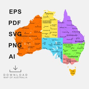 Może przedstawiać: Kolorowa mapa Australii, podzielona na stany z nazwami miast. Mapa zawiera tekst "EPS, PDF, SVG, PNG, AI" oraz "POBIERZ MAPĘ AUSTRALII". Tło jest jasnoszare.