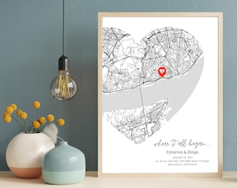 Lámina personalizada con mapa del corazón, Lugar donde nos conocimos, Regalo de aniversario (Descarga digital)