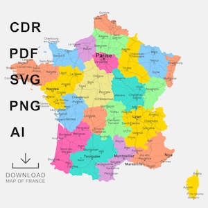 French map vector, Regions of French map, French Department, Carte de la France, Editable Map, Map in (EPS, PDF, AI), for Laser or Decoupage