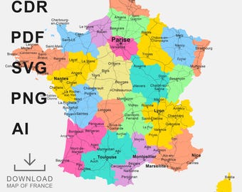 Carte de France vectorielle, régions de la France, département français, carte de la France, carte modifiable, carte au format (EPS, PDF, AI), pour laser ou découpage