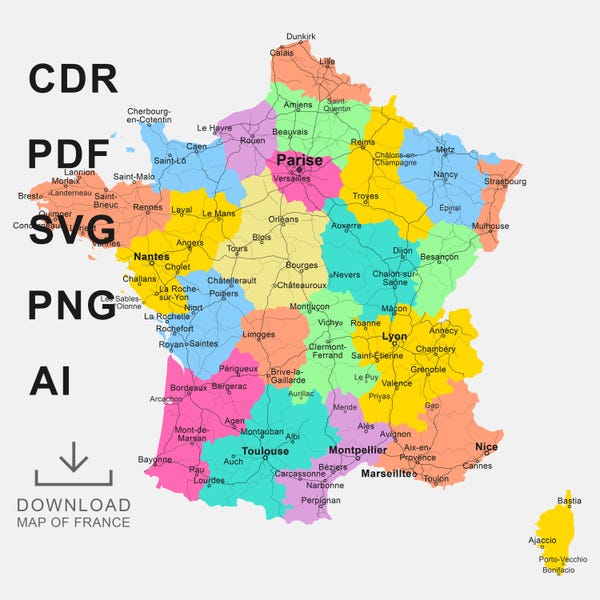 France Map Vector, French Regions & Departments (EPS, PDF, AI)