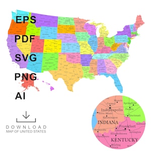 May include: A colorful map of the United States, showing each state in a different color. The map includes a detailed inset of Indiana and Kentucky. Text on the left side indicates file formats: EPS, PDF, SVG, PNG, and AI. The words "DOWNLOAD MAP OF UNITED STATES" are also present.