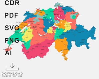 Switzerland Map Vector, Cantons, Subdivisions, Switzerland Regions (EPS, PDF, AI)