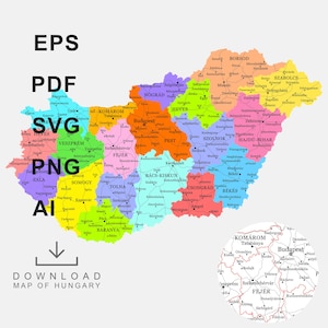 Könnte beinhalten: Eine farbenfrohe politische Karte von Ungarn, unterteilt in Landkreise mit jeweils unterschiedlichen Farbtönen. Das Bild enthält Textbeschriftungen für die Formate EPS, PDF, SVG, PNG, AI sowie den Text DOWNLOAD MAP OF HUNGARY und einen kreisförmigen Ausschnitt.