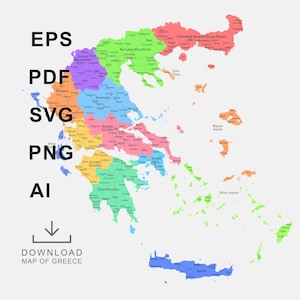 May include: A detailed, colourful map of Greece, showing regional divisions in various hues. The map features Greek and English text labels, with file type options including EPS, PDF, SVG, PNG, and AI. The text "DOWNLOAD MAP OF GREECE" is also visible.