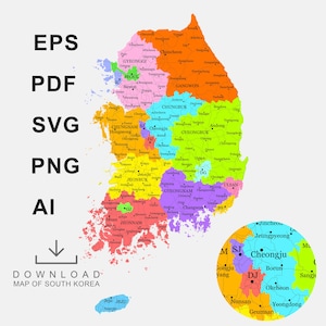 Peut inclure: Une carte colorée de la Corée du Sud, divisée en régions. Le texte comprend "EPS, PDF, SVG, PNG, AI" et "TÉLÉCHARGER LA CARTE DE LA CORÉE DU SUD."