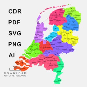 Carte vectorielle des Pays-Bas, municipalités des Pays-Bas, villes néerlandaises, carte modifiable, Kaart van Nederland, pour découpe laser ou CNC