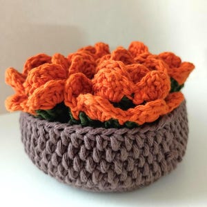 Peut inclure: Un arrangement de succulentes au crochet fait à la main. Les fleurs orange sont dans un panier crocheté marron. Les fleurs ont des accents verts. L'arrangement est un objet décoratif.