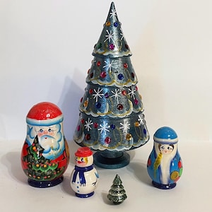 Christmas Big tree nesting dolls,  Turquoise Christmas tree matryoshka, New Year tree,  Santa stacking dolls, Handmade nesting doll 5 pcs