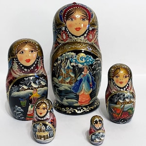 Russian winter stacking dolls of 5,  Matryoshka doll with winter,  Handmade nesting doll 5pcs
