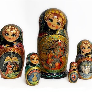 Russian stacking dolls of 5,  Matryoshka with fairy tale,  Handmade nesting doll 5pcs