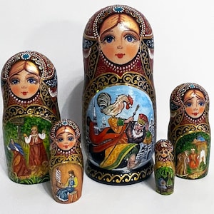 Russian matryoshka dolls Pushkin fairy tale of 5,  Nesting doll with fairy tales,  Handmade babushka doll 5pcs