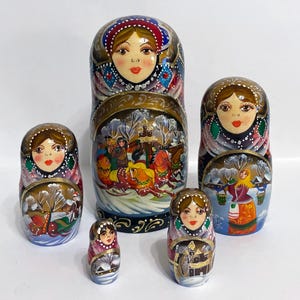 Russian nesting dolls with three horses of 5,  Matryoshka doll with winter,   Handmade nesting doll 5pcs