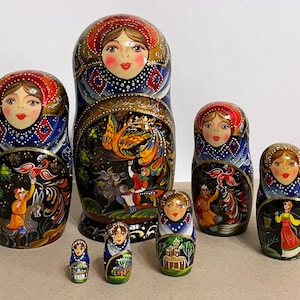 Russian nesting dolls of 7,  Matryoshka doll with fairy tale,  Handmade stacking doll 7 pcs