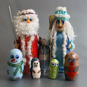 Father Frost and Snow Maiden matryoshkas, 2 set nesting dolls of 3,  Christmas tree matryoshka, Santa   dolls, Handmade nesting doll 3 pcs
