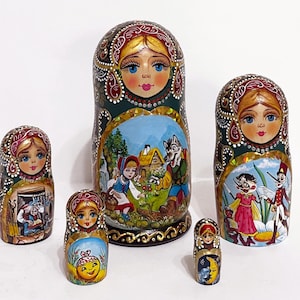 Russian nesting doll with fairy tales of 5,  Matryoshka doll with fairy tales,  Handmade nesting doll 5pcs