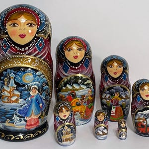Russian stacking dolls of 7,  Matryoshka doll with fairy tale,  Handmade nesting doll 7 pcs