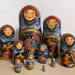 Russian nesting dolls of 10 with fairy tales, Matryoshka doll with fairy tales, Handmade nesting doll 10 pcs