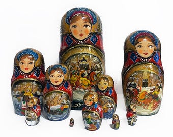Russian nesting dolls of 10 with three horses, Matryoshka doll with winter horses, Handmade nesting doll 10 pcs