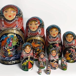 Russian giant nesting dolls of 10, Matryoshka doll with fairy tales, Handmade nesting doll 10 pcs