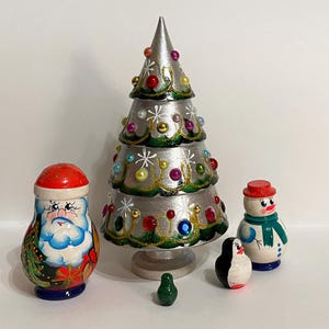 Christmas tree nesting dolls of 5, Silver Christmas tree matryoshka, New Year tree and Santa  dolls, Handmade nesting doll 5 pcs