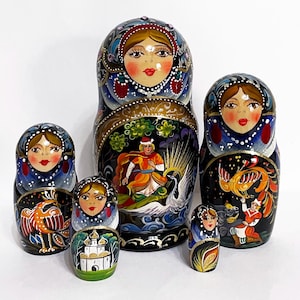 Russian nesting dolls with fairy tales of 5,  Matryoshka with fairy tale,  Handmade nesting doll 5pcs