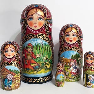 Russian stacking dolls fairy tale of 5,  Matryoshka doll with fairy tales,  Handmade babushka doll 5pcs
