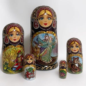 Russian nesting dolls fairy tale of 5,  Matryoshka with fairy tales,  Handmade babushka doll 5pcs