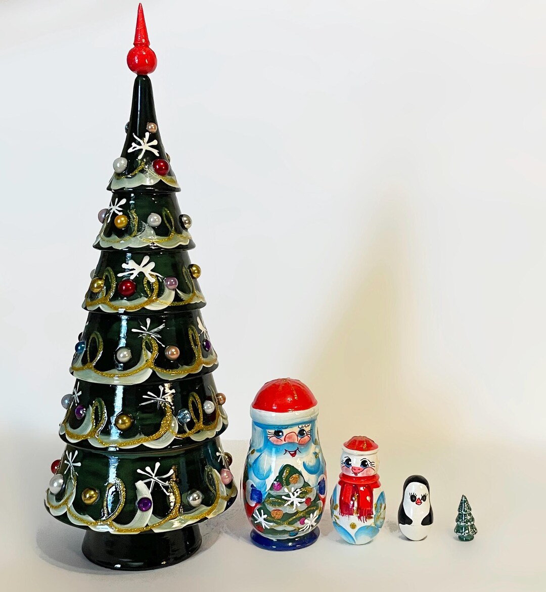 Christmas Big Tree Nesting Dolls, Dark Green Christmas Tree Matryoshka