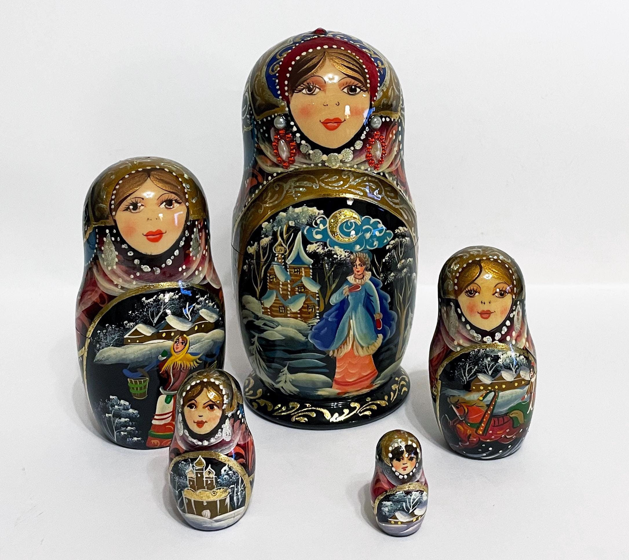 Russian winter stacking dolls of 5,  Matryoshka doll with winter,  Handmade nesting doll 5pcs