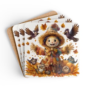 Autumn Scarecrow Coaster Set, Fall Decor, Thanksgiving Gift, Kitchen Accessories, Rustic Home Decor